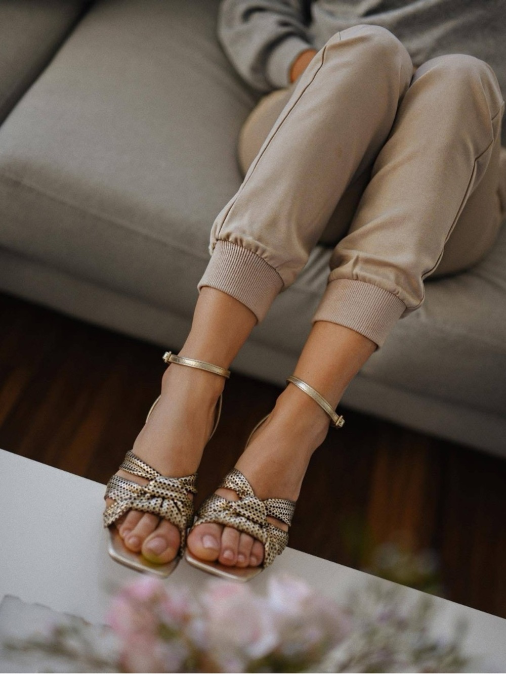 Metallic Gold Knotted Strap Women’s Heels